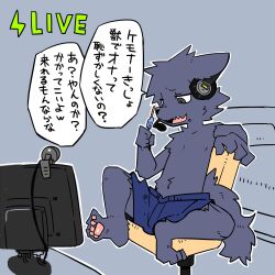  2024 anthro camera clothed clothing computer_monitor electronics feet half-closed_eyes headgear headphones headset japanese_description japanese_text looking_down male narrowed_eyes nifram_logan oral pawpads pizademokttero shorts_only sitting solo spread_legs spreading tail text toes topless translation_request webcam 