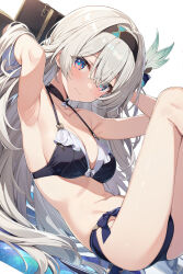  armpits arms_behind_head arms_up bare_arms bare_shoulders bikini black_bikini black_hairband blue_eyes blush breasts cleavage closed_mouth collarbone commentary feet_out_of_frame female firefly_(honkai:_star_rail) gradient_eyes grey_hair hair_between_eyes hairband halterneck highres honkai:_star_rail honkai_(series) kitokito3930 knees_up long_hair looking_at_viewer medium_breasts multicolored_eyes navel pink_eyes reclining simple_background sitting solo swimsuit thighs three_quarter_view very_long_hair wavy_mouth white_background 