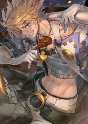  1boy abs belt black_belt blonde_hair blue_eyes blue_trim chest_belt chicken_(food) chicken_leg collarbone cross cross_necklace dutch_angle elbow_gloves embers food fried_chicken gloves groin guilty_gear guilty_gear_xrd hagure_keg hair_over_one_eye highres holding holding_weapon jacket jewelry lapels looking_at_viewer male_focus midriff multicolored_clothes multicolored_jacket navel necklace one_eye_covered pants sin_kiske skin_tight solo spiked_hair strapless tube_top weapon weapon_across_shoulders white_pants 