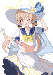  apron blonde_hair blue_archive blue_ribbon blue_sailor_collar blush bow bowtie commentary cowboy_shot crop_top female flower frilled_apron frills hat hat_flower hat_ribbon hifumi_(blue_archive) highres long_hair looking_at_viewer peroro_(blue_archive) ribbon sailor_collar shirt short_sleeves simple_background skirt smile solo stomach sun_hat twintails waist_apron white_apron white_background white_flower white_hat white_shirt white_skirt yellow_bow yellow_bowtie yellow_eyes zundamochi_(sera) 