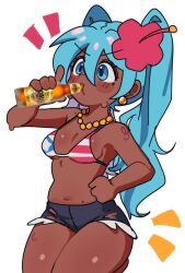  alternate_skin_color aqua_eyes aqua_hair black_shorts blush bottle breasts brujita cowboy_shot dark-skinned_female dark_skin drinking earrings female flower hair_between_eyes hair_flower hair_ornament hatsune_miku holding holding_bottle jewelry long_hair necklace pink_flower puerto_rican_flag_bikini puerto_rican_miku puerto_rico shorts simple_background small_breasts solo torn_clothes torn_shorts twintails united_states very_long_hair vocaloid white_background 