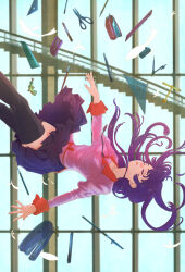  absurdres bakemonogatari black_thighhighs breasts closed_eyes closed_mouth collarbone collared_shirt compass_(instrument) falling feet_out_of_frame female floating_hair highres impossible_clothes impossible_shirt indoors juliet_sleeves long_hair long_sleeves medium_breasts miniskirt monogatari_(series) naoetsu_high_school_uniform pen pencil pink_shirt pleated_skirt puffy_sleeves purple_hair ruler school_uniform scissors senjougahara_hitagi shirt shyiek_art skirt solo stairs stapler stationery thighhighs window 