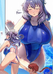  !? 1boy aaron_wei absurdres ahoge ao_no_kiseki back_cutout breasts clothing_cutout commission competition_swimsuit covered_navel crotch_pull double-parted_bangs eiyuu_densetsu female floating_hair hair_between_eyes hair_rings highleg highres kuro_no_kiseki_(series) large_breasts mikiji one-piece_swimsuit panties panty_pull pixiv_commission ponytail pool purple_hair rixia_mao sidelocks swimsuit underwear water_drop zero_no_kiseki 