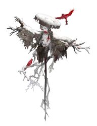  1boy absurdres animal_in_mouth branch commentary_request crack grey_hair hat highres horror_(theme) original red_bird scarecrow short_hair simple_background skeleton solo spot_color white_background yyb 