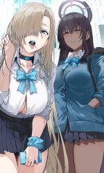  2girls absurdres asuna_(blue_archive) black_choker black_hair black_skirt blonde_hair blue_archive blue_bow blue_bowtie blue_cardigan blue_halo blue_scrunchie blue_vest bow bowtie breasts candy cardigan cardigan_vest choker cleavage dark-skinned_female dark_skin food grey_halo hair_over_one_eye halo hand_in_own_hair hand_up hews highres holding holding_phone jacket karin_(blue_archive) large_breasts leaning_forward lollipop looking_at_viewer loose_bowtie mole mole_on_breast multiple_girls parted_lips phone pleated_skirt scrunchie shirt skirt sweater_vest thighs tongue tongue_out vest white_shirt wing_collar yellow_eyes 