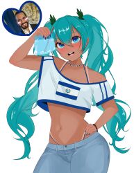  absurdres aqua_hair blue_eyes crop_top dark-skinned_female dark_skin denim el_salvador el_salvador_flag el_salvador_flag_print female flag_print hatsune_miku highres jeans jena_png long_hair midriff navel nayib_bukele pants photo_inset real_life shirt simple_background tan tanlines twintails vocaloid white_background white_shirt 