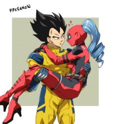  1boy alternate_costume arms_around_neck artist_name belt black_eyes black_hair blue_hair bodysuit breasts bulma_briefs carrying closed_mouth cosplay deadpool deadpool_&amp;_wolverine deadpool_(cosplay) deadpool_(series) dragon_ball english_commentary female gloves heart high_heels highres lady_deadpool looking_at_another marvel mask medium_breasts pipeesnow ponytail princess_carry red_bodysuit simple_background spiked_hair straight superhero_costume two-tone_bodysuit vegeta wolverine_(x-men) wolverine_(x-men)_(cosplay) x-men yellow_bodysuit 