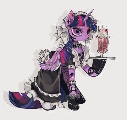  alicorn alternate_costume amatou_akuma animal_ear_piercing animal_ear_tattoo animal_focus animal_hands back_bow bandaid bandaid_on_leg belt belt_buckle belt_collar black_belt black_dress black_gloves blue_hair blunt_bangs bow bubble buckle cherry closed_mouth collar colored_skin cross dress drinking_straw earrings enmaided eyelashes eyeshadow feathered_wings food frilled_dress frills frown fruit furrowed_brow gloves goth_fashion grey_background highres holding holding_tray hoop_earrings hooves ice_cream ice_cream_float jewelry lace-trimmed_gloves lace_trim leg_belt long_dress long_hair looking_ahead maid makeup multicolored_hair multiple_belts my_little_pony my_little_pony:_friendship_is_magic no_humans nostrils pink_hair purple_eyes purple_eyeshadow purple_skin shadow simple_background snout soda solo sprinkles streaked_hair too_many too_many_belts tray twilight_sparkle_(mlp) wings 