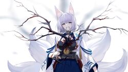  animal_ears azur_lane blood blood_from_mouth blood_on_clothes blue_eyes blunt_bangs branch breasts choker cleavage female fox_ears fox_girl fox_tail game_cg highres japanese_clothes kaga_(azur_lane) kimono kitsune kyuubi long_sleeves medium_breasts medium_eyebrows multiple_tails non-web_source official_art open_mouth short_hair solo tail white_hair wide_sleeves withered 