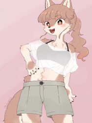  2023 anthro anzu_(buncama) black_nose bottomwear bra brown_body brown_fur brown_hair buncama canid canine clothing fangs female fur fuzzy hair hand_on_hip happy hi_res kemono looking_at_viewer mammal red_eyes shorts smile solo teeth translucent translucent_clothing translucent_topwear underwear 