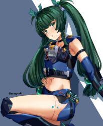  aona_(anagasaki) arm_guards bare_shoulders black_gloves black_shorts blue_vest blush braid breasts choker cropped_vest elbow_gloves female fingerless_gloves gloves green_eyes green_hair hair_ribbon highres knee_pads long_hair looking_at_viewer navel open_mouth police police_uniform qingyi_(zenless_zone_zero) ribbon shin_guards short_shorts shorts sidelocks small_breasts solo thighs twin_braids twintails uniform vest zenless_zone_zero 