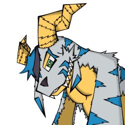  1:1 1_eye 2_horns alpha_channel animal_skin anthro arms_down bandai_namco black_nose blue_body blue_fur digimon digimon_(species) digital_drawing_(artwork) digital_media_(artwork) eye_patch eye_patch_only eyewear fur gabumon garabumon green_eyes head_tilt horn knil_(artist) looking_at_viewer looking_down looming looming_over male multicolored_body multicolored_fur pecs scales scalie simple_background slightly_chubby smile solo spiral_horn striped_body striped_fur stripes teeth transparent_background white_body white_fur yellow_body yellow_horn yellow_scales 