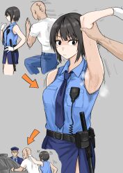  2boys absurdres anger_vein arm_up armpit_focus armpits arrest arrow_(symbol) bald baton_(weapon) belt belt_pouch black_belt black_eyes black_hair blue_necktie blue_shirt blue_skirt breasts closed_mouth commentary cowboy_shot cropped_legs cuffs faceless faceless_male female fuku_(fuku12290574) gloves grey_background hand_on_own_hip handcuffs highres holding_another&#039;s_arm hollow_eyes hot medium_breasts miniskirt mole mole_under_eye motion_lines multiple_boys multiple_views necktie original pencil_skirt police police_uniform policewoman pouch running shaded_face shirt short_hair simple_background skirt sleeveless sleeveless_shirt solo_focus standing steaming_body sweat translated uniform walkie-talkie weapon white_gloves 