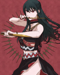  absurdres alternate_costume bare_arms black_choker black_hair black_shirt black_skirt choker collarbone cosplay_request crop_top dagger dual_wielding earrings female floating_hair hair_between_eyes highres holding holding_weapon jewelry knife long_hair midriff nail_polish navel parted_lips red_background red_choker red_eyes red_lips red_nails shirt side_slit skirt sleeveless sleeveless_shirt solo spy_x_family stiletto_(weapon) stomach tama_._kogifu weapon yor_briar 