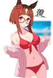  animal_ears arched_bangs bare_shoulders bikini blurry blurry_background blush bob_cut breasts brown_hair closed_mouth collarbone commentary_request cowboy_shot ear_ribbon female front-tie_bikini_top front-tie_top glasses groin highres hood hooded_jacket horse_ears horse_girl inverted_bob jacket john_does large_breasts looking_at_viewer multicolored_hair navel off_shoulder open_clothes open_jacket pink_jacket red-framed_eyewear red_bikini red_ribbon ribbon side-tie_bikini_bottom sleeves_past_wrists smile solo stomach swimsuit transcend_(umamusume) umamusume white_hair 