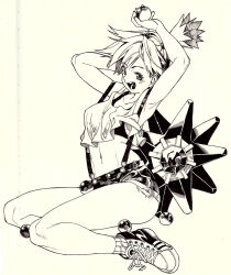  bare_legs black_bra bra crop_top female greyscale holding holding_poke_ball kasumi_(pokemon) midriff monochrome navel open_mouth poch4n poke_ball poke_ball_(basic) pokemon pokemon_(anime) pokemon_(classic_anime) pokemon_(creature) shoes short_hair shorts side_ponytail solo suspenders tank_top traditional_media underwear 