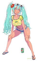  aqua_eyes aqua_hair bikini blue_shorts blush brazilian_flag brazilian_miku breasts can conto crop_top earrings english_commentary eyewear_on_head female flower full_body green_nails guarana_antarctica hair_between_eyes hands_on_own_knees hatsune_miku highres jewelry large_breasts long_hair micro_shorts nail_polish parted_lips red_flower sandals see-through shirt short_shorts shorts side-tie_bikini_bottom simple_background solo striped_bikini striped_clothes sunglasses swimsuit tan tanlines toenail_polish toenails twintails very_long_hair vocaloid white_background 