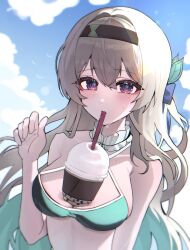  13_(jjusan13) absurdres alternate_costume bikini bird blue_sky breasts bubble_tea_challenge cleavage cloud cloudy_sky day disembodied_hand drinking_straw drinking_straw_in_mouth female firefly_(honkai:_star_rail) green_bikini grey_hair highres honkai:_star_rail honkai_(series) large_breasts long_hair looking_at_viewer outdoors purple_eyes sky solo swimsuit 