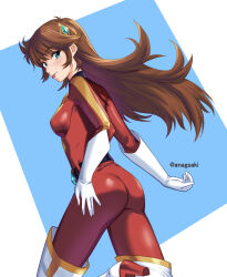  aona_(anagasaki) belt blue_eyes bodysuit breasts brown_hair female gloves grendizer_u highres long_hair looking_at_viewer maria_grace_fleed mazinger_(series) medium_breasts multicolored_bodysuit multicolored_clothes red_bodysuit skin_tight solo standing tongue tongue_out ufo_robo_grendizer yellow_bodysuit 