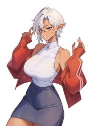  ahoge bare_shoulders black_skirt breasts covered_collarbone cowboy_shot curvy dark-skinned_female dark_skin female grin highres huge_breasts jacket large_breasts looking_at_viewer looking_back narrow_waist nokaa_aru open_clothes open_jacket original pencil_skirt pointy_ears purple_eyes red_jacket shirt short_hair sideboob simple_background skirt sleeveless sleeveless_sweater sleeveless_turtleneck smile solo sweater sweater_tucked_in tan taut_sweater turtleneck turtleneck_sweater white_background white_hair white_shirt white_sweater wide_hips 