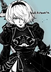  2b_(nier:automata) abeinoddword black_dress black_hairband blue_background blue_eyes breasts cleavage cleavage_cutout closed_mouth clothing_cutout commentary_request copyright_name dress female hair_over_one_eye hairband highres limited_palette looking_at_viewer mole mole_under_mouth nier:automata nier_(series) short_hair solo sword sword_on_back weapon weapon_on_back white_hair 