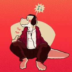  2023 alligator alligatorid anthro blush bottomwear brown_bottomwear brown_clothing brown_pants closed_eyes clothed clothing crocodilian datbx datbx_(datbx) digital_media_(artwork) electronics front_view headphones jacket listening_to_music multicolored_body multicolored_scales musical_note musical_symbol nonbinary_(lore) pants red_background red_clothing red_jacket red_topwear reptile scales scalie simple_background sitting smile solo speech_bubble sweater symbol tail tan_body tan_nose tan_scales tan_tail tapping topwear two_tone_body two_tone_scales white_clothing white_sweater white_topwear 