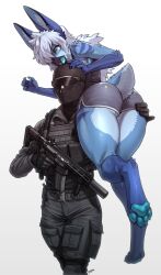  absurd_res anthro assault_rifle avian balaclava beak bird blue_body blue_eyes blue_fur blue_pawpads blue_tongue bottomwear bulletproof_vest carrying_another claws clothed_female clothed_male clothing countershading damsel_in_distress digital_media_(artwork) digitigrade dolphin_shorts duo female female_anthro finger_claws fingerpads fur gun hair hi_res holding_gun holding_object holding_ranged_weapon holding_weapon human hybrid inner_ear_fluff lagomorph leporid long_hair male male_human mammal markings mask military military_uniform pawpads pgm300 rabbit ranged_weapon rifle scut_tail short_tail shorts shoulder_carry signature simple_background smaller_version_at_source soldier striped_markings stripes surprise tail terena_(axel0527) toe_claws tongue tuft uniform warrior weapon white_hair 