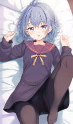  :o ahoge black_pantyhose blue_eyes blue_hair collarbone commentary_request dress female fingernails flat_chest highres indoors knee_up komone_ushio light_blush long_sleeves looking_at_viewer lying neck_ribbon no_shoes on_back on_bed open_mouth original panties panties_under_pantyhose pantyhose pantyshot purple_dress ribbon sailor_dress short_hair solo underwear upskirt w_arms yellow_ribbon 