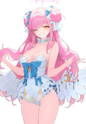  absurdres alternate_costume alternate_hairstyle angel_wings bare_shoulders blue_archive blue_bow blue_flower blue_ribbon blush bow breasts choker cleavage collarbone commentary crescent cross cross_print daeho_cha double_bun dress earrings female fingernails flower grin hair_bun hair_flower hair_intakes hair_ornament hair_ribbon halo heart heart_earrings highres holding holding_own_hair jewelry large_breasts long_fingernails long_hair looking_at_viewer low_wings mika_(blue_archive) nail_polish one_eye_closed pink_hair pink_halo pink_nails print_dress ribbon simple_background smile solo thigh_gap thighs w white_background white_choker white_dress white_ribbon white_wings wings yellow_eyes 