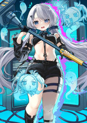  :o absurdres belt benghuai_xueyuan black_footwear black_gloves black_shirt black_shorts black_sleeves blue_eyes boots breasts character_request computer detached_sleeves female fingerless_gloves ghost gloves grey_hair hammer highres holding holding_hammer honkai_(series) long_hair looking_at_viewer midriff monitor open_mouth shirt shorts small_breasts solo twintails ufotram very_long_hair 