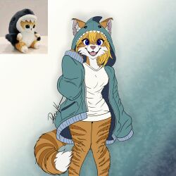  anthro blue_eyes clothed clothing deerwalker domestic_cat felid feline felis female fish flat_colors fur hi_res hoodie looking_at_viewer mammal marine orange_body orange_fur oversized_clothing oversized_topwear pantsless pantsless_anthro pantsless_female shark simple_background smile solo solo_focus stripes sweater tabby_cat topwear 