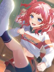  :d black_shorts blue_eyes blush crop_top female gakuen_idolmaster hanami_saki highres idolmaster kneepits leg_up long_hair long_sleeves midriff navel niwata0 open_mouth red_hair shirt shorts skirt smile solo stomach white_shirt 