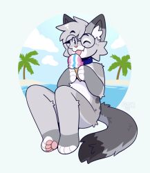  accessory anthro beach blep cloud collar dessert digital_media_(artwork) dipstick_ears dipstick_fingers dipstick_tail dipstick_toes domestic_cat ear_markings egyptian_mau eyewear felid feline felis femboy_pride_colors fleurfurr food fur glasses grey_body hair hi_res ice_cream ice_cream_cone licking looking_at_viewer male mammal markings multicolored_ears nixuelle one_eye_closed palm_tree pawpads paws pink_nose plant pride_color_food sea simple_background sky solo spots summer tail tail_markings teeth tongue tongue_out tree water wink winking_at_viewer 