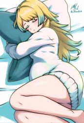  bare_legs blonde_hair closed_eyes dress english_commentary female fire_emblem fire_emblem_heroes fjorm_(fire_emblem) gradient_hair highres hugging_object long_hair lying multicolored_hair official_alternate_hairstyle on_bed on_side panties panty_peek pantyshot pillow pillow_hug pregnant rotomdocs sleeping solo sweater sweater_dress underwear white_panties white_sweater 