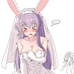  &gt;_&lt; 2girls animal_ears breasts cleavage closed_eyes dress ehehe52921343 highres korean_commentary large_breasts long_hair mixed-language_commentary multiple_girls purple_hair rabbit_ears rabbit_girl reisen_udongein_inaba simple_background solo_focus spoken_blush touhou wedding_dress white_background white_dress yagokoro_eirin 