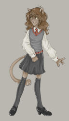  animal_humanoid black_clothing black_footwear bottomwear cat_humanoid clothing felid felid_humanoid feline feline_humanoid female footwear full-length_portrait grey_background grey_bottomwear grey_clothing grey_footwear grey_skirt grey_socks harry_potter_(series) hermione_granger humanoid mammal mammal_humanoid portrait school_uniform simple_background skirt socks solo standing uniform verauko 