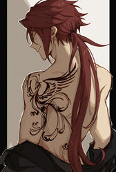  1boy aaron_wei back_tattoo bare_back bare_shoulders bird bishounen black_robe chinese_commentary closed_mouth commentary_request cowboy_shot eiyuu_densetsu freeze_rin highres kuro_no_kiseki long_hair looking_at_viewer looking_back low_ponytail male_focus orange_eyes outline phoenix pillarboxed red_hair robe robe_partially_removed shoulder_tattoo signature simple_background smirk solo tattoo very_long_hair white_background white_outline 