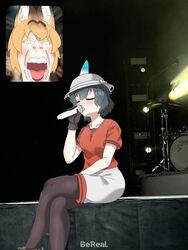  2girls abrams_(0abrams0) animal_ears bereal black_hair blonde_hair blush concert drum drum_set fan_screaming_at_madison_beer_(meme) gloves hat hat_feather helmet highres holding holding_microphone inset instrument kaban_(kemono_friends) kemono_friends meme microphone multiple_girls music open_mouth photo_background pith_helmet red_shirt screaming serval_(kemono_friends) serval_print shirt short_hair shorts singing stage tail 