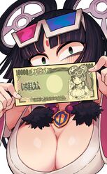  3d_glasses bags_under_eyes banknote bead_necklace beads bindi black_eyes black_hair blunt_bangs blush breast_lift breasts cleavage commentary_request company_logo covered_mouth detached_sleeves eiga_daimyoujin eyeshadow eyewear_on_head female film_reel gashi-gashi hands_up holding holding_money jewelry large_breasts long_hair looking_at_viewer makeup money mudra multicolored_eyes necklace original red_eyeshadow scoop_neck simple_background sleeveless solo upper_body vitarka_mudra warner_bros white_background wide-eyed wide_sleeves yen 