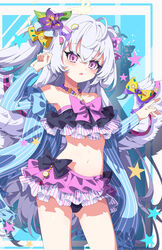  absurdres angel_wings azusa_(blue_archive) azusa_(swimsuit)_(blue_archive) bead_necklace beads bikini blue_archive cowboy_shot crescent_halo crossed_bangs expressionless feathered_wings female flower frilled_bikini frills hair_between_eyes hair_flower hair_ornament halo hands_up highres hua-huahua jewelry looking_at_viewer low_wings navel necklace parted_lips purple_eyes ribbon solo strapless strapless_bikini swimsuit white_hair white_wings wings yellow_halo 