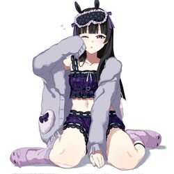  animal_print black_hair blush cardigan female frilled_shorts frills highres hikentai0112 hime_cut kneehighs long_hair loungewear mask mask_on_head navel nijisanji one_eye_closed parted_lips purple_eyes purple_socks rabbit_print shorts sitting sleep_mask slippers socks solo squeans tsukino_mito tsukino_mito_(loungewear) virtual_youtuber wariza 