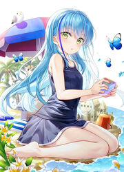  animal bare_arms bare_legs bare_shoulders barefoot beach beach_towel beach_umbrella bird blue_footwear blue_hair blue_one-piece_swimsuit blush breasts bucket bug butterfly cellphone coconut coconut_tree commentary_request feet female flower fujima_takuya green_eyes hair_between_eyes highres highspeed_etoile holding holding_phone komachi_towa legs long_hair looking_at_viewer multicolored_hair nail_polish one-piece_swimsuit palm_tree parted_lips phone sand sand_castle sand_sculpture sandals school_swimsuit seagull sitting small_breasts solo streaked_hair swimsuit toenail_polish toenails toes towel tree trowel umbrella unworn_sandals very_long_hair wariza water white_background white_flower 