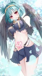  absurdres bare_shoulders black_feathers black_shorts black_skirt black_wings blue_eyes blush breasts claws commission feathered_wings feathers female half-harpy heart heart_tattoo highres indie_virtual_youtuber lincoro medium_breasts midriff monster_girl navel open_mouth pointy_ears red_eyes senkanaki64 short_hair short_twintails shorts showgirl_skirt skeb_commission skirt solo stomach_tattoo tattoo tiara twintails virtual_youtuber winged_arms wings 