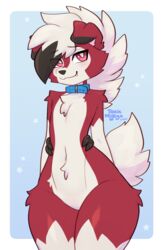  anthro biped blush canid canine collar deathhawk femboy fur generation_7_pokemon hi_res lycanroc male mammal midnight_lycanroc nintendo pokemon pokemon_(species) red_body red_eyes red_fur short_tail smile solo tail toxicmilkyx white_body white_fur 