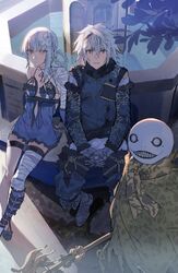  2boys asymmetrical_hair bandaged_arm bandaged_leg bandages bare_shoulders black_bow bow braid braided_hair_rings chains closed_mouth detached_sleeves emil_(nier) female flower fur-trimmed_sleeves fur_trim grey_eyes hair_flower hair_ornament hair_rings highres kaine_(nier) leg_warmers lingerie long_hair lunar_tear midriff_peek multiple_boys negligee nier nier_(brother) nier_(series) orange_eyes otuming panties parted_lips short_hair single_leg_warmer sitting staff thigh_strap underwear white_hair white_panties 