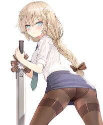  ass black_panties blonde_hair blue_eyes bow braid brown_bow brown_pantyhose choco_(neural_cloud) collared_shirt commentary_request cowboy_shot fnc_(girls&#039;_frontline) from_behind girls&#039;_frontline girls&#039;_frontline_neural_cloud hair_between_eyes hair_ornament hairbow highres holding holding_sword holding_weapon korean_commentary lemures long_hair looking_at_viewer looking_back necktie office_lady panties panties_under_pantyhose pantyhose pencil_skirt shirt short_sleeves simple_background skirt smile sword thighband_pantyhose underwear weapon white_background white_shirt 