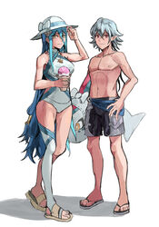  1boy absurdres alternate_costume asymmetrical_legwear azura_(fire_emblem) bad_feet blue_hair commission corrin_(fire_emblem) corrin_(male)_(fire_emblem) dragon female fire_emblem fire_emblem_fates fire_emblem_heroes grey_hair hair_between_eyes hat highres lilith_(fire_emblem) long_hair looking_at_viewer male_swimwear one-piece_swimsuit pointy_ears red_eyes saiykik smile sun_hat swim_trunks swimsuit toeless_footwear very_long_hair yellow_eyes 