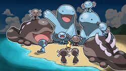  :&gt; :3 beach blacknirrow blue_skin campfire clodsire colored_skin evolutionary_line highres ocean on_head open_mouth paldean_wooper pokemon pokemon_(creature) pokemon_on_head quagsire sitting sky spikes water wooper 