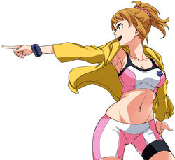  absurdres atamadarurun bike_shorts black_shorts black_sports_bra black_wristband blue_eyes blue_wristband breasts brown_hair cleavage collarbone commentary_request cowboy_shot female gundam gundam_build_fighters gundam_build_fighters_try hair_ornament hair_scrunchie highres hoshino_fumina jacket looking_to_the_side medium_breasts midriff multicolored_clothes multicolored_shorts multicolored_sports_bra navel open_clothes open_jacket open_mouth outstretched_arm pink_scrunchie pink_shorts pink_sports_bra pointing pointing_to_the_side ponytail scrunchie shorts sidelocks simple_background smile solo sports_bra standing stomach two-tone_sports_bra white_background white_shorts wristband yellow_jacket 