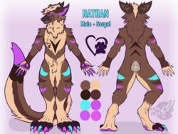  4:3 badaspen blue_markings brown_body brown_fur claws colored_claws fangs fur heart_symbol hi_res male markings model_sheet nathan_(badaspen) neon pink_eyes pink_markings sergal solo tagme tail tattoo teeth toe_claws 